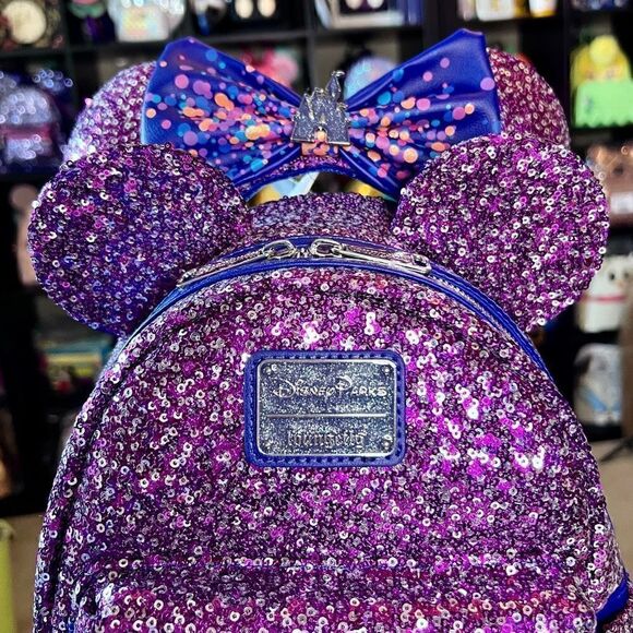 Loungefly Handbags - Purple & Silver Disney Parks Sequin Loungefly Mini Backpack & Ears NWT